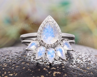 Pear shaped moonstone engagement ring set art deco moissanite halo rings unique white gold bridal set June birthstone anniversary ring