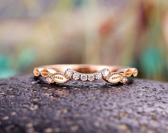 Vintage diamond wedding band rose gold art deco leaf stacking bands unique half eternity dainty matching ring promise anniversary rings