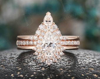 Vintage Pear shaped Moissanite engagement ring set unique rose gold diamond halo ring half eternity rings art deco anniversary bridal set