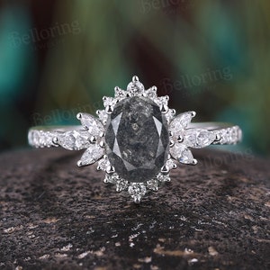 Vintage Salt Pepper Diamond engagement ring art deco marquise moissanite diamond halo ring unique white gold anniversary promise ring