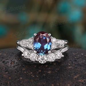 Vintage oval alexandrite engagement ring set white gold moissanite cluster ring art deco marquise diamond ring unique anniversary bridal set