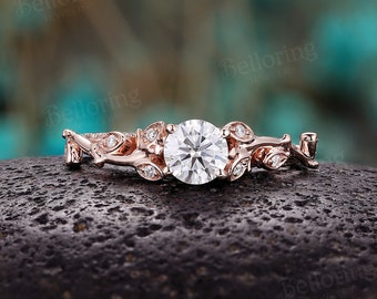 Vintage Moissanite engagement ring round art deco diamond leaf rings unique leaf shaped cluster ring antique anniversary wedding ring