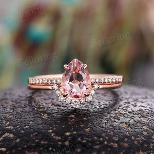 Vintage Morganite engagement ring set art deco diamond wedding rings rose gold half eternity moissanite curved ring anniversary bridal set