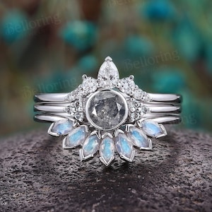 Vintage salt and pepper diamond engagement ring art deco marquise moonstone wedding band pear shaped moissanite rings rose gold bridal set