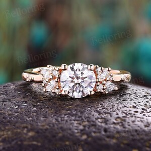 Vintage round moissanite engagement ring rose gold ring marquise ring delicate cluster ring unique anniversary promise bridal ring