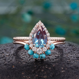 Pear shaped Alexandrite engagement ring set art deco diamond moissanite halo rings unique turquoise stacking rings anniversary bridal set