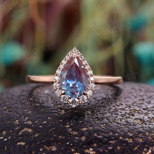 Pear shaped Alexandrite engagement ring Rose gold art deco moissanite halo rings unique vintage anniversary wedding ring teardrop ring