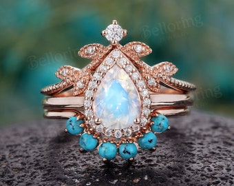 Pear shaped moonstone engagement ring set Rose gold moissanite diamond halo rings turquoise wedding band anniversary promise bridal set