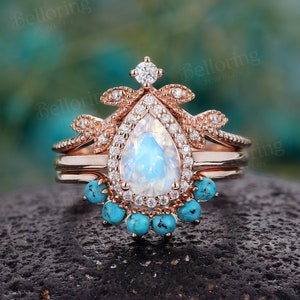 Pear shaped moonstone engagement ring set Rose gold moissanite diamond halo rings turquoise wedding band anniversary promise bridal set