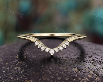 Vintage Moissanite Curved Wedding Band,Dainty Milgrain Solid Gold Chevron Stacking Bridal Promise Ring