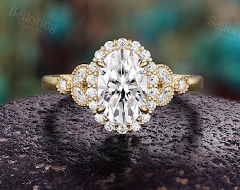 Vintage Oval Moissanite Engagement Ring: Elegant 14K Gold Halo Leaf Cluster Milgrain Bridal Anniversary Ring