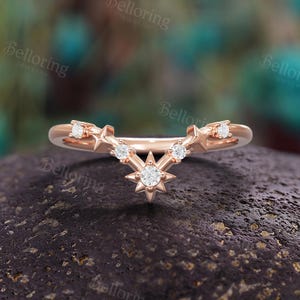 Celestial Starbrust Curved Wedding Band - Vintage Star Moissanite Ring in 14K Gold  | Stackable Matching Ring Gift for her By Belloring