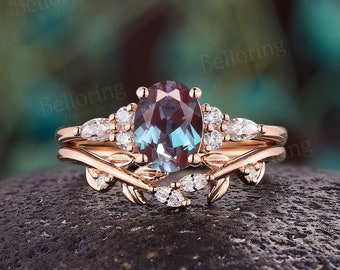 Lab Alexandrite Engagement Ring Set Vintage Oval Cut Moissanite Ring Antique Rose Gold Leaf Curved Wedding Band Birthstone Bridal Set