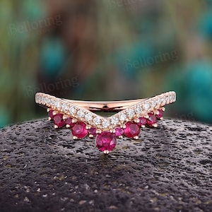 Unique ruby wedding band rose gold cluster ring round moissanite ring curved band vintage pave wedding ring promise bridal band