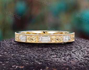 Vintage Moissanit Ehering: Massiver Gold Blumenring, Art Deco Baguette Ehering