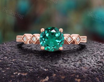 Vintage Inspiriert Rund Smaragd Verlobungsring: 14K Rose Gold Moissanit Braut Hochzeitsschmuck