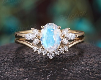 Vintage oval moonstone engagement ring set marquise moissanite ring art deco curve diamond wedding band rose gold unique anniversary ring
