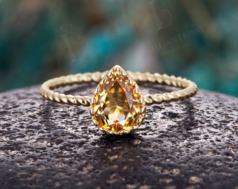 Art deco Citrine engagement ring 14k yellow gold wedding ring vintage pear shaped solitaire rings antique anniversary promise bridal ring