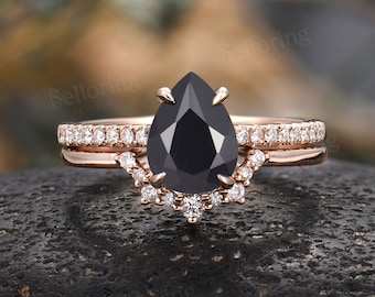 Vintage Black Onyx engagement ring set rose gold art deco diamond rings antique half eternity moissanite ring promise anniversary bridal set