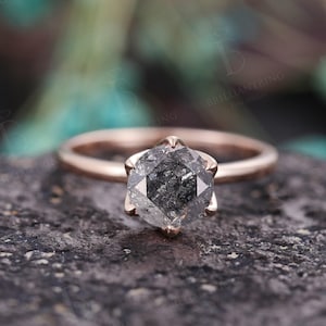 Salt and pepper Diamond engagement ring vintage wedding ring solitaire ring unique rose gold lotus ring art deco Wedding anniversary ring