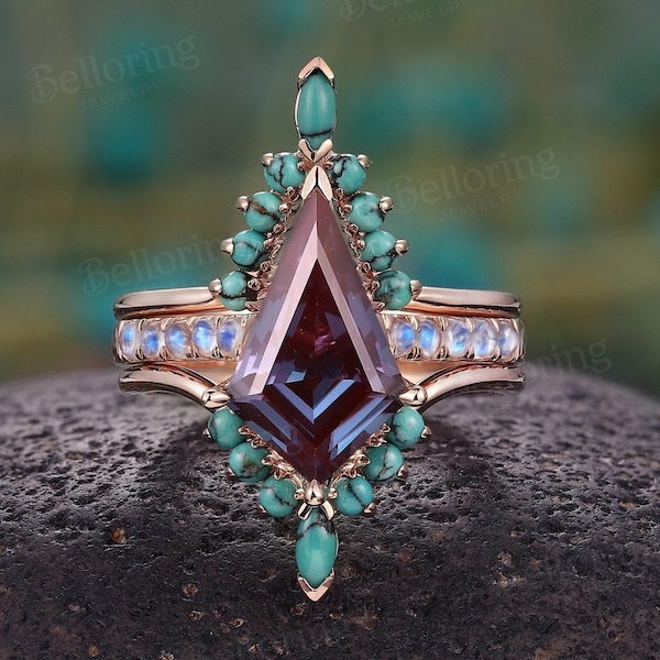 Anillo de compromiso Art Deco Kite de alejandrita - Alianza de boda de oro rosa y turquesa, conjunto nupcial