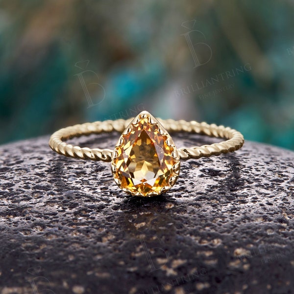 Art deco Citrine engagement ring 14k yellow gold wedding ring vintage pear shaped solitaire rings antique anniversary promise bridal ring