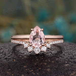 Vintage Pear shaped Morganite engagement ring set unique moissanite diamond ring set rose gold at deco rings anniversary bridal set