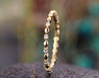 Vintage Moissanite Gold Wedding Band - 14K Gold Full Eternity Ring | Diamond Stackable Band Yellow Gold Ring | Matching Ring Wedding Ring
