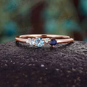 Unique Multi-Gems Cluster Wedding Band: Dainty Blue Topaz Sapphire Diamond Rose Gold Promise Ring
