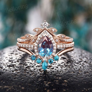 Vintage Alexandrite engagement ring set rose gold art deco diamond halo rings marquise turquoise wedding band anniversary bridal set