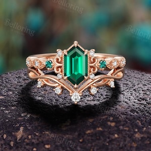 Vintage Hexagon Emerald Engagement Ring Set: Nature Inspired 14K Rose Gold Round Moissanite Bridal Set