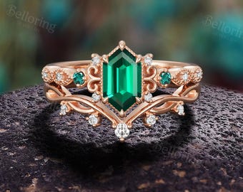 Vintage Hexagon Smaragd Verlobungsring Set: Natur Inspiriert 14K Rosegold Runde Moissanite Braut Set