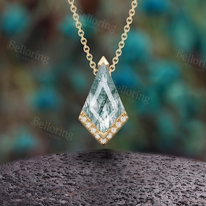 Kite Shape Moss Agate Necklace - Geometric Pendant with Moissanite Half Halo in14K Rose Gold | Unique Art Deco Jewelry Gift for Her