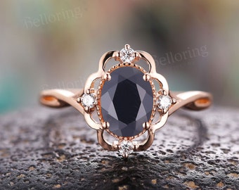 Oval black onyx engagement ring vintage rose gold ring antique art deco diamond ring twisted infinity wedding ring unique anniversary ring