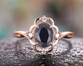 Oval black onyx engagement ring vintage rose gold ring antique art deco diamond ring twisted infinity wedding ring unique anniversary ring