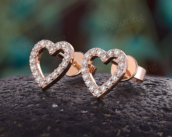 Moissanite Heart Stud Earrings in 14K Rose Gold Dainty Charm