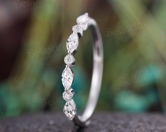 Vintage Moissanite Wedding Band,14K White Gold Half Eternity Band,Dainty Marquise Diamond Ring,Unique Matching Stacking Band,Promise Ring