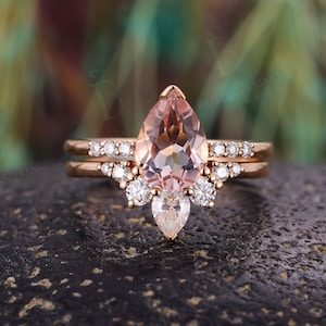 Pear shaped morganite engagement ring set rose gold vintage Moissanite/Diamond wedding band unique teardrop anniversary bridal set