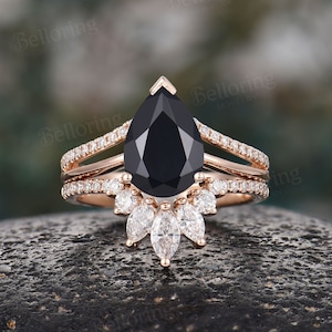 Vintage Black onyx engagement ring set marquise diamond moissanite rings rose gold milgrain split band rings art deco promise bridal set