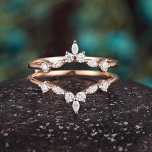 Unique Enhancer Moissanite Curved Wedding Band,Rose Gold Diamond Stacking Ring,Jacket Marquise Moissanite Matching Band Vintage Promise Ring