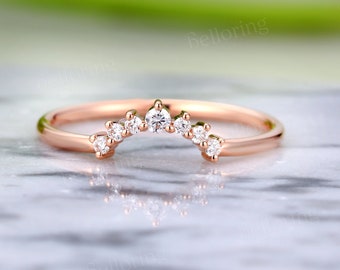 Diamond Curved wedding band rose gold chevron stacking bands Vintage handmade matching ring prong set unique promise anniversary rings