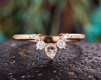 Pear shaped morganite curved wedding band rose gold chevron stacking wedding band vintage moissanite matching rings promise anniversary ring