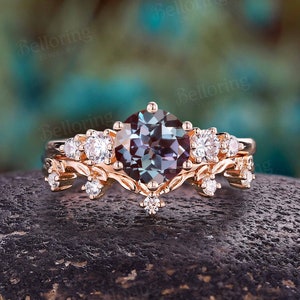Vintage round shape alexandrite engagement ring set simple moissanite diamond ring curved twist band anniversary promise bridal set ring
