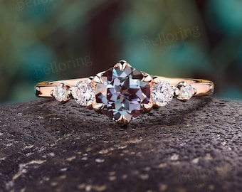 Vintage Round Alexandrite Engagement Ring - Moissanite 5-Stones Wedding Ring in 14K Gold | Delicate Anniversary Promise Ring By Belloring