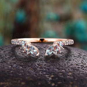 Vintage marquise cut lab alexandrite wedding band rose gold pave ring curved band antique open ring round cut ring anniversary bridal band