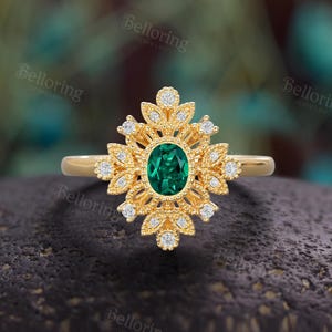 Vintage Oval Emerald Milgrain Engagement Ring,Moissanite Leaf Ring,Unique 14K Yellow Gold Wedding Ring For Women,Anniversary Promise Ring