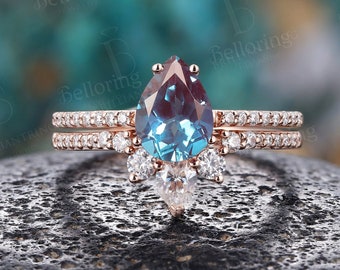Vintage Alexandrite engagement ring set pear shaped moissanite curved bands art deco half eternity diamond rings anniversary bridal set