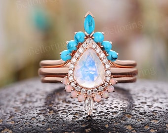 Pear shaped moonstone engagement ring set rose gold art deco diamond halo rings marquise turquoise opal wedding band promise bridal set