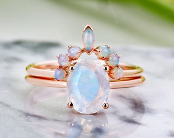 Oval blue moonstone engagement ring set rose gold marquise round opal curved wedding band prong set vintage anniversary bridal set