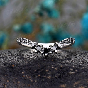 Unique Black Diamond Curved Wedding Band,14K White Gold Stacking Ring,Antique Matching Band,Vintage Promise Anniversary Ring For Women